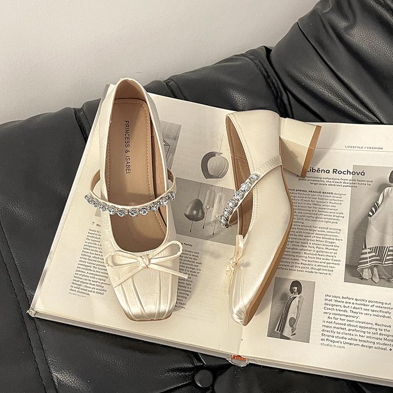 French bow thick heel high heels women's summer 2025 new rhinestone square head single shoes shallow mouth Mary Jane shoes