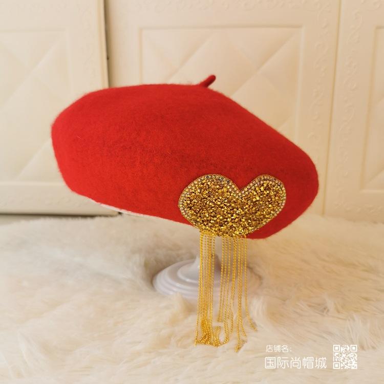 Autumn and winter love fringed woolen hat women's casual versatile beret big head circumference showing face small retro painter hat