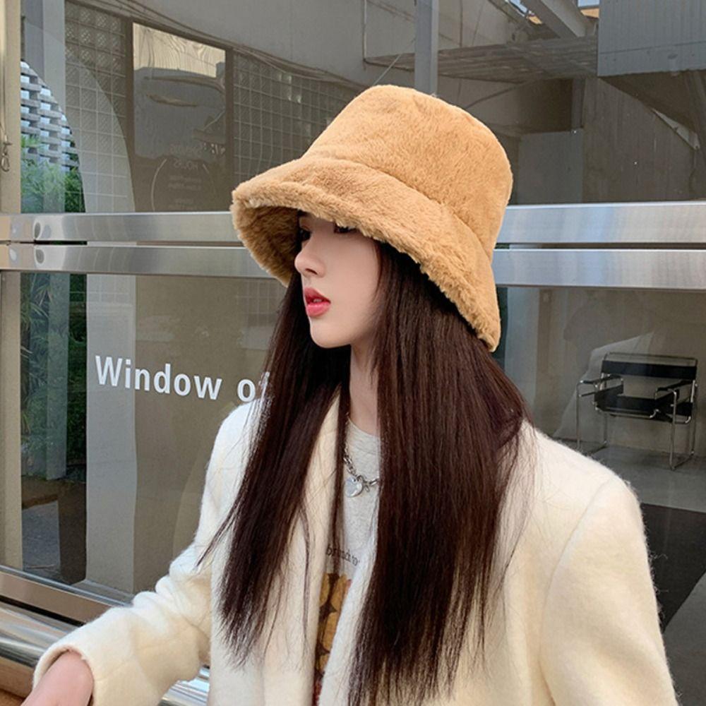 Faux Fur Bucket Hat Soft Flat Top Cap Gift Fisherman's Cap Women Lady