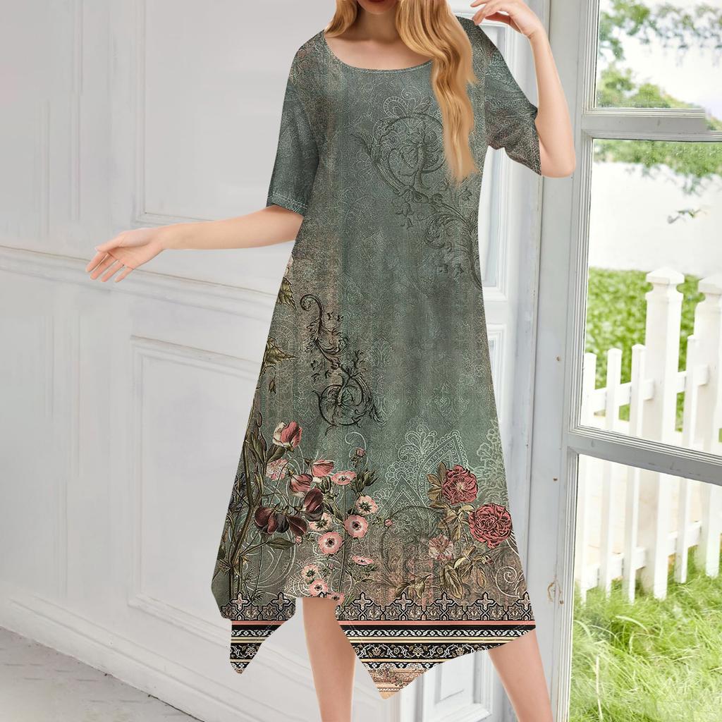 Женское повседневное модное платье миди с круглым вырезом и коротким рукавом с принтом и неровным подолом