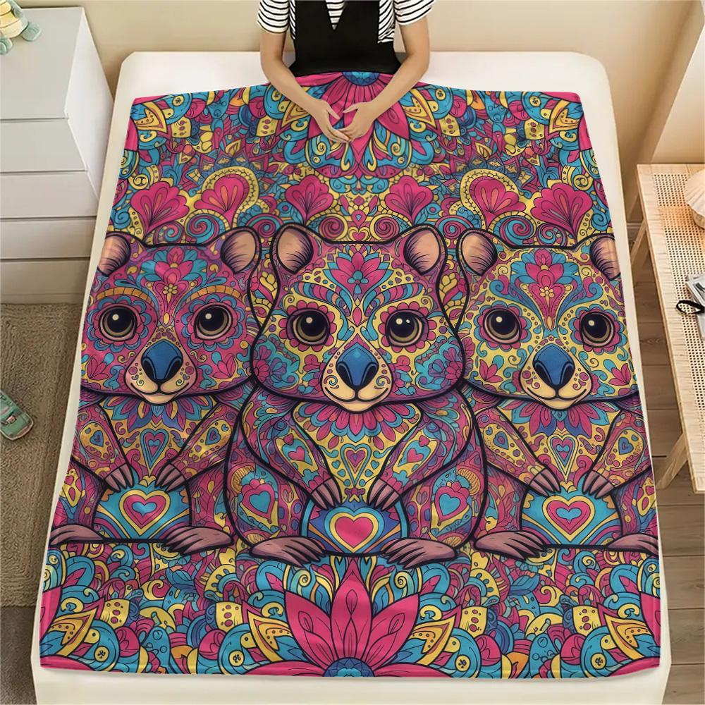 1PC Psychedelic Totems Print Flannel Blanket, High quality Comfortable for All Seasons, Home Decor, Warmth and Comfort, Perfect for Christmas Gifts