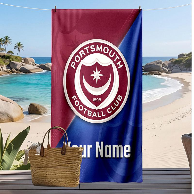 Portsmouth FC Personalized Printed Beach Towel Soccer Logo Support Custom Name Text Absorbent Towel For Sport Travel Special Gift