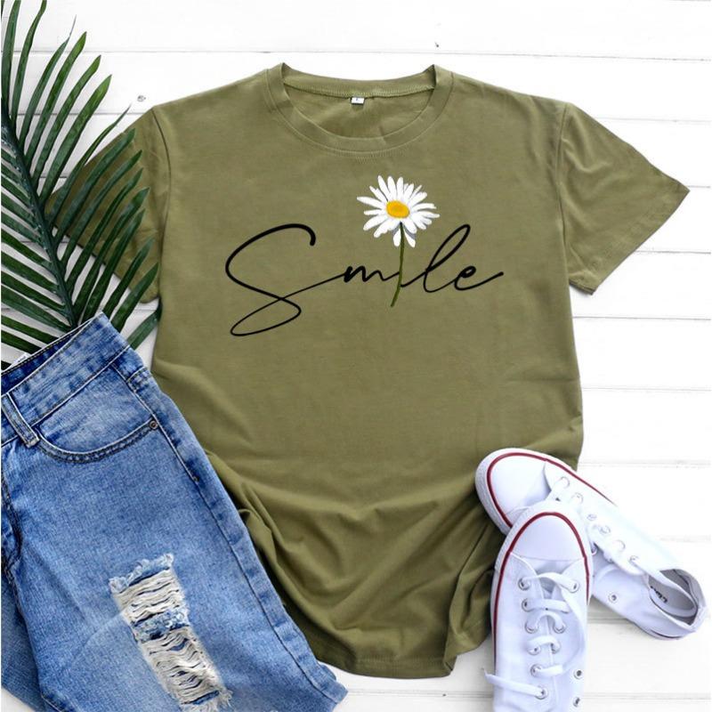 Summer Round Neck Daisy Pattern Printed Top Fashionable Casual Short Sleeved Women's Pure Cotton T-shirts