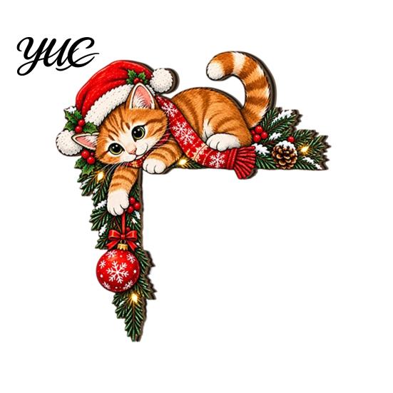 Santa Claus Reindeer Snowman Decor Wooden Christmas Door Topper, 2D Flat Elk Cat DIY Winter Holiday Wall Art Frame Corner Sign, Funny Ornament