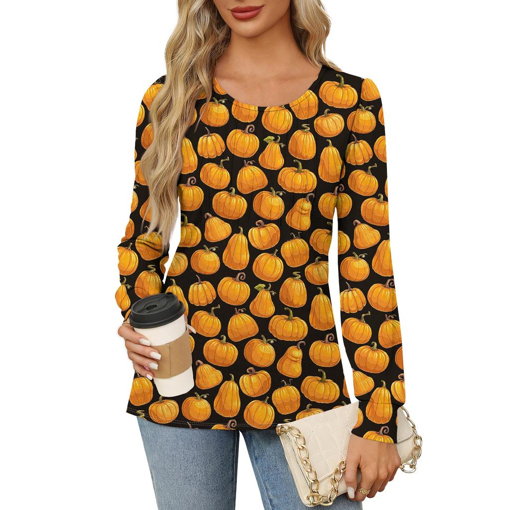 Long Sleeve Shirts For Women Cute Print Graphic Tees Blouses Dressy Casual Blouses Pleated Scooped Neck Tunic Tops Halloween