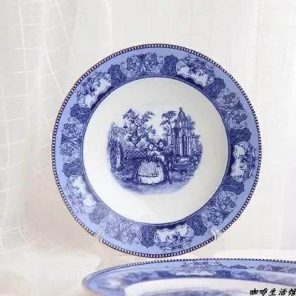 Синие тарелки для еды Аббатства Даунтон, Французский ретро чайный сервиз, Миски, Обеденные тарелки, Фруктовница, Блюдо для рыбы, Посуда, Столовая посуда