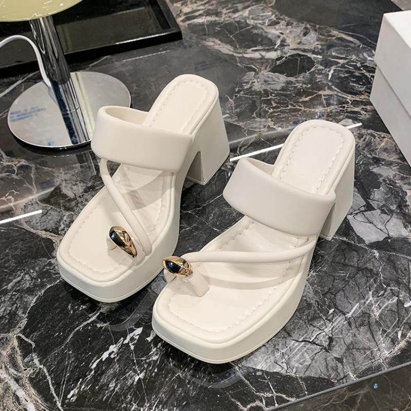 Женские босоножки на высоком каблуке 2025 Лето Новая Мода Универсальный Носок Толстая Подошва Нескользящие Повседневные Высокий Каблук Приливные Пляжные Шлепанцы