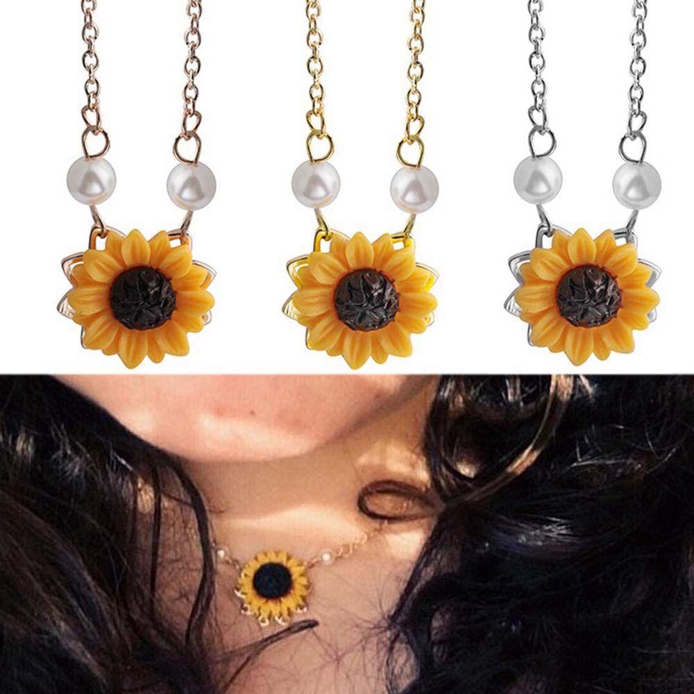 Women Romantic Jewelry Gold Plated Sunflower Necklace Chain Pearls Flower Pendant
