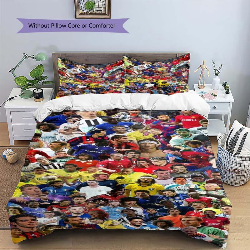 Football Stars Collage Poster 3Pcs Bedding Set, Duvet Cover with 2 Pillowcases, Soccer Fan Bed Linens, No Comforter No Pillow Core
