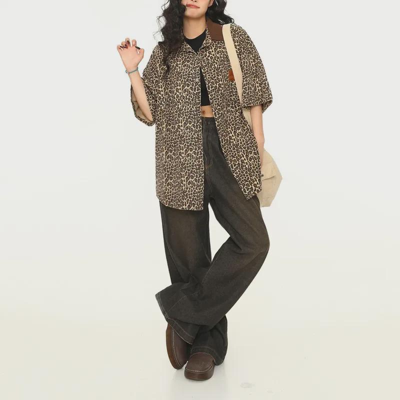 Unisex Vintage Leopard Print Polo Collar Short Sleeve Street Jacket