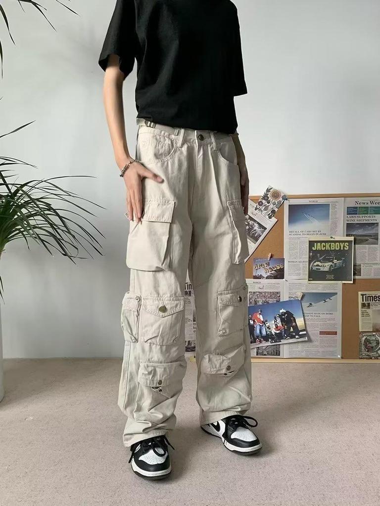 Мужской американский ретро-комбинезон свободного кроя с множеством карманов и широкими штанинами  