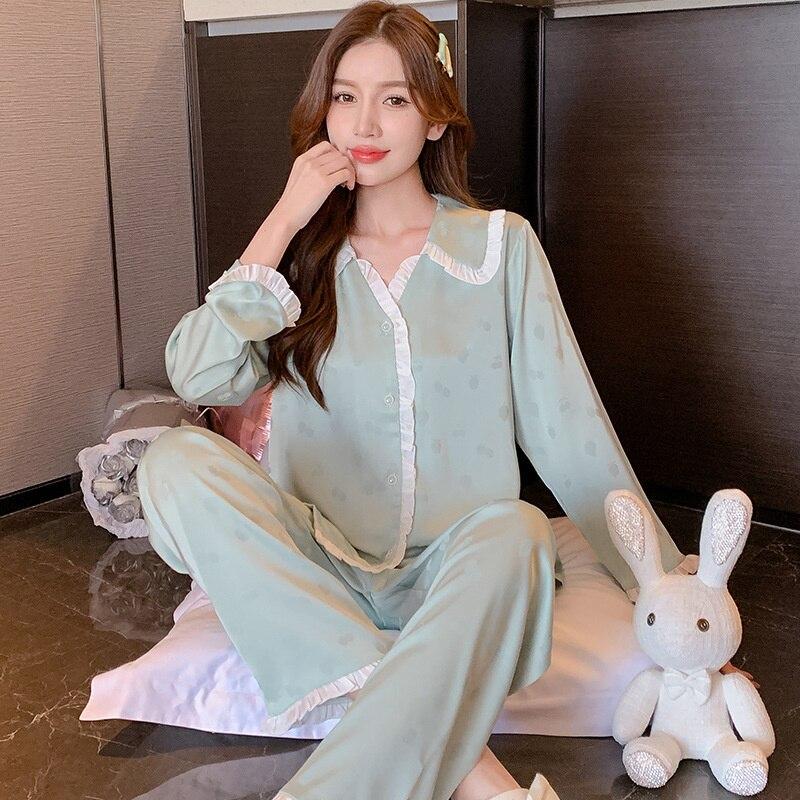 Женский пижамный комплект из ледяного шелка, тонкий атласный костюм с длинными рукавами