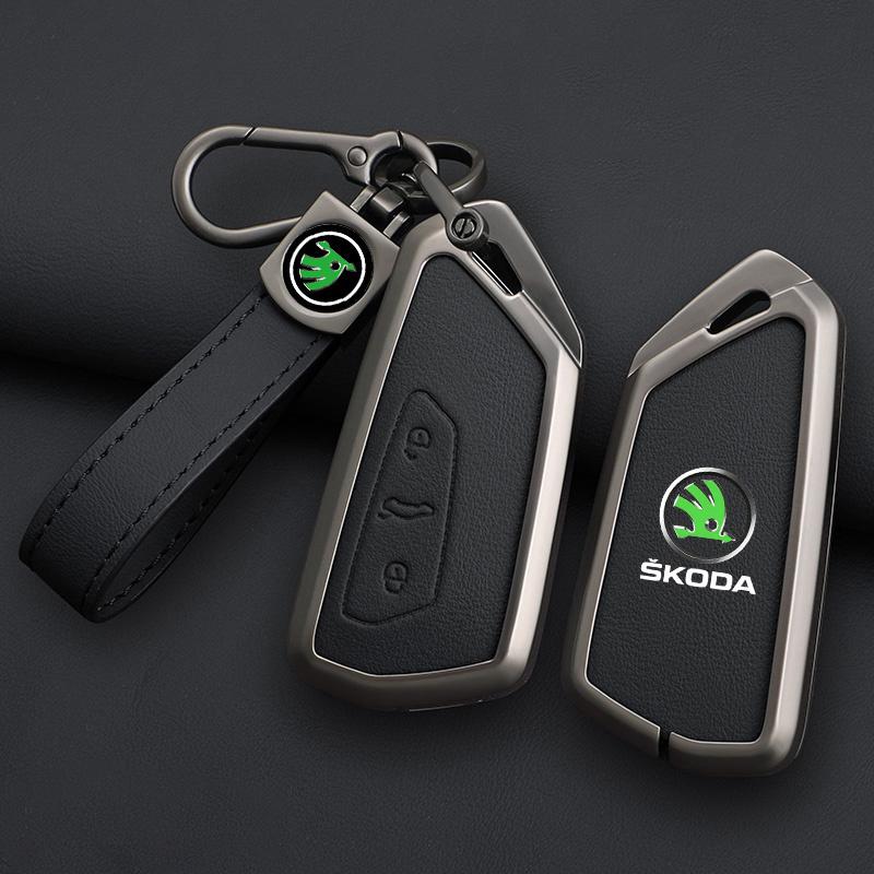 XOWS7 Zinc Alloy Leather Car Remote Key Case Cover Protector Shell Fob For Skoda Superb A7 Kodiaq Octavia A7 A8 Keychain Accessories