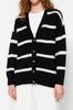 Women's Fashionable Stylish Cardigan Black Wide Fit Soft Textured Striped Knitwear Cardigan