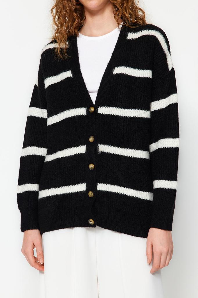 Women's Fashionable Stylish Cardigan Black Wide Fit Soft Textured Striped Knitwear Cardigan