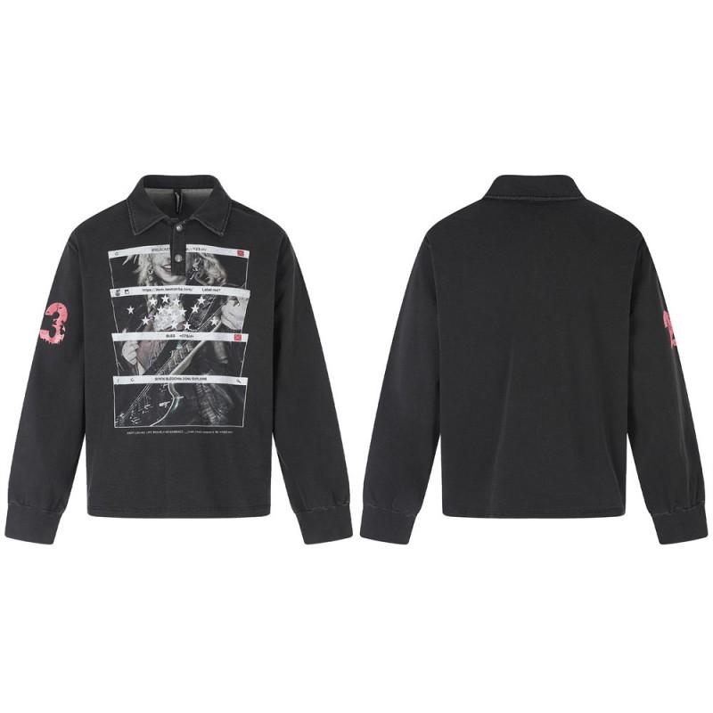 Unisex Vintage Washed Graphic Print Collared Long Sleeve Tee Cotton Blend Casual Top Men Women