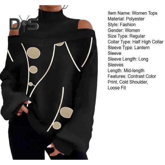 Женские осенне-зимние топы с контрастным цветным принтом, свободная футболка с воротником и открытыми плечами, фонариком и длинными рукавами