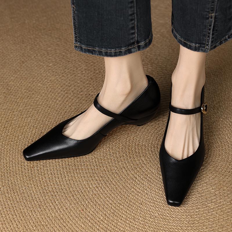 Fashion 2025 Spring Autumn Genuine Leather Mary Janes Pumps Retro Women Square Toe High Heel Casual Pumps Young Ladies Daily Walk Shoes