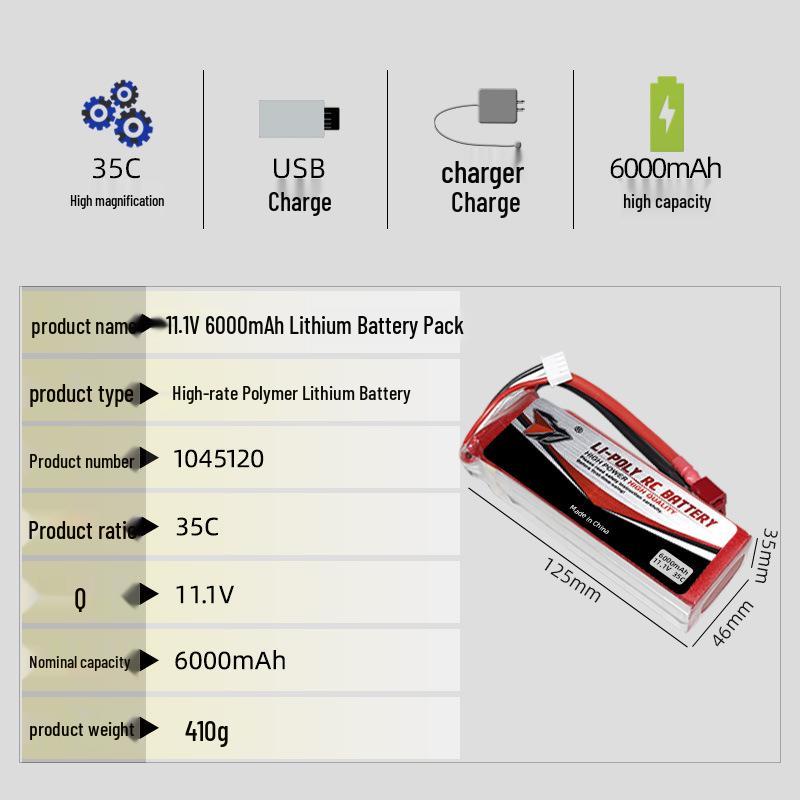 11.1V 6000mAh 35C High Discharge Lithium Battery for RC Cars, Aircraft, and Boats