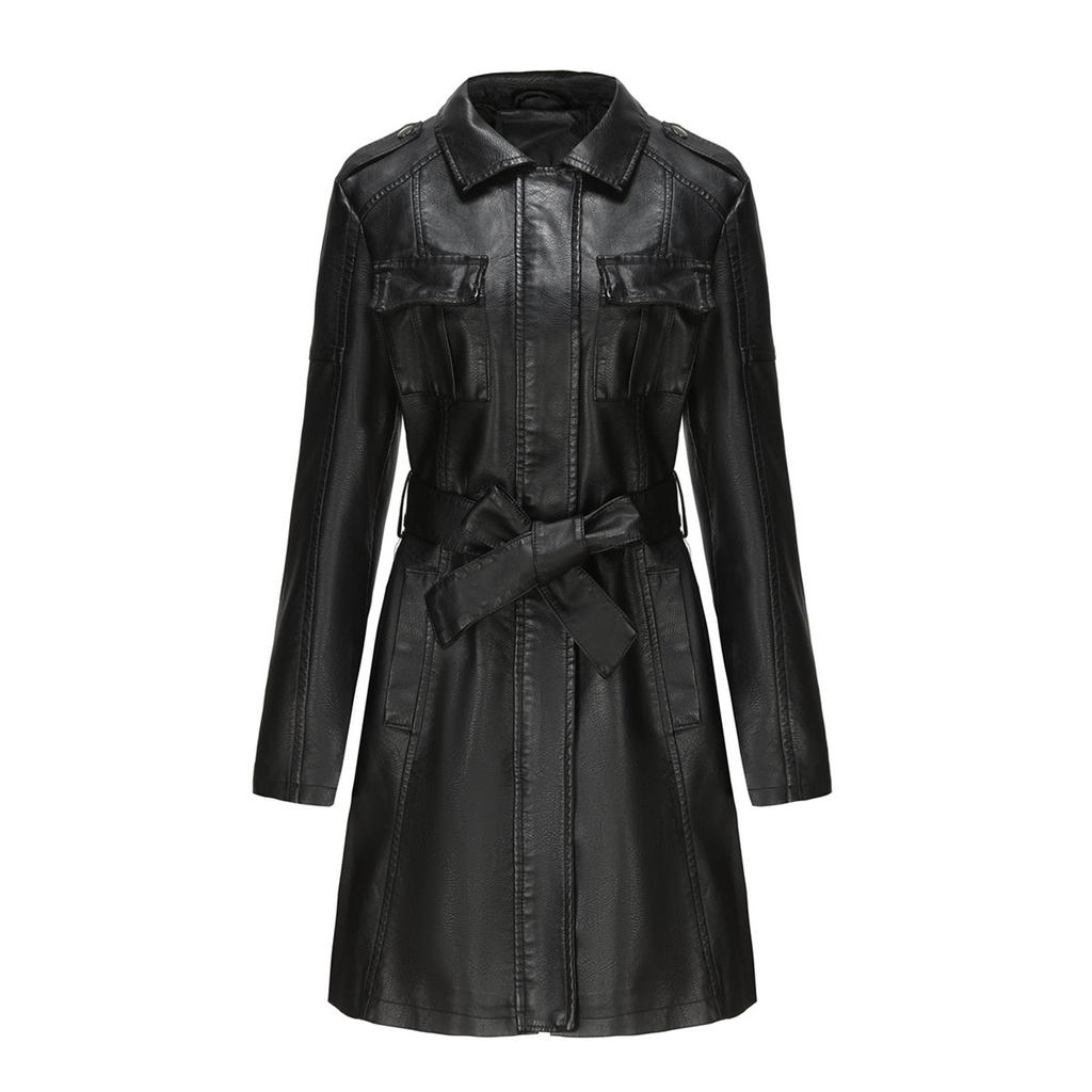 New Mid Length Leather Jacket With Waistband Women's Long Sleeved Leather Trench Coat Fashion British Coat