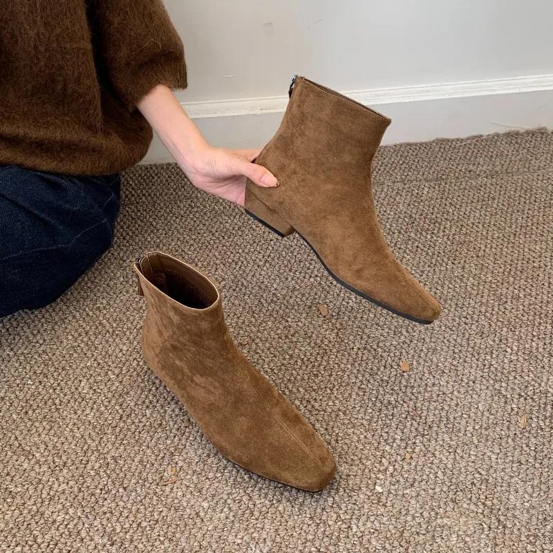2024 Hot Sale Women's Shoes Back Zip Women's Boots Fashion Solid Office and Career High Quality Square Heel Ankle Boots Zapatos