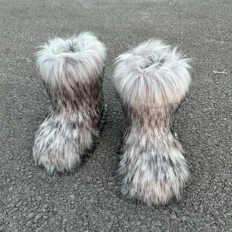 Imitation Raccoon Fur Plush Snow Boots Bag Head Warm Fluffy Fluffy Hot Girl
