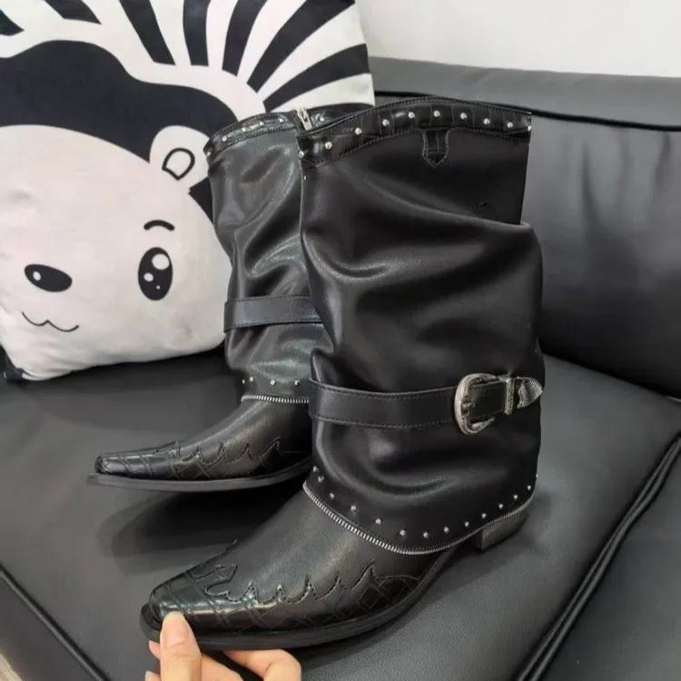 Новые готические ковбойские сапоги 2025 года для женщин, с острым носком, заклепками и пряжками, на массивном каблуке, винтажные женские сапоги до середины икры