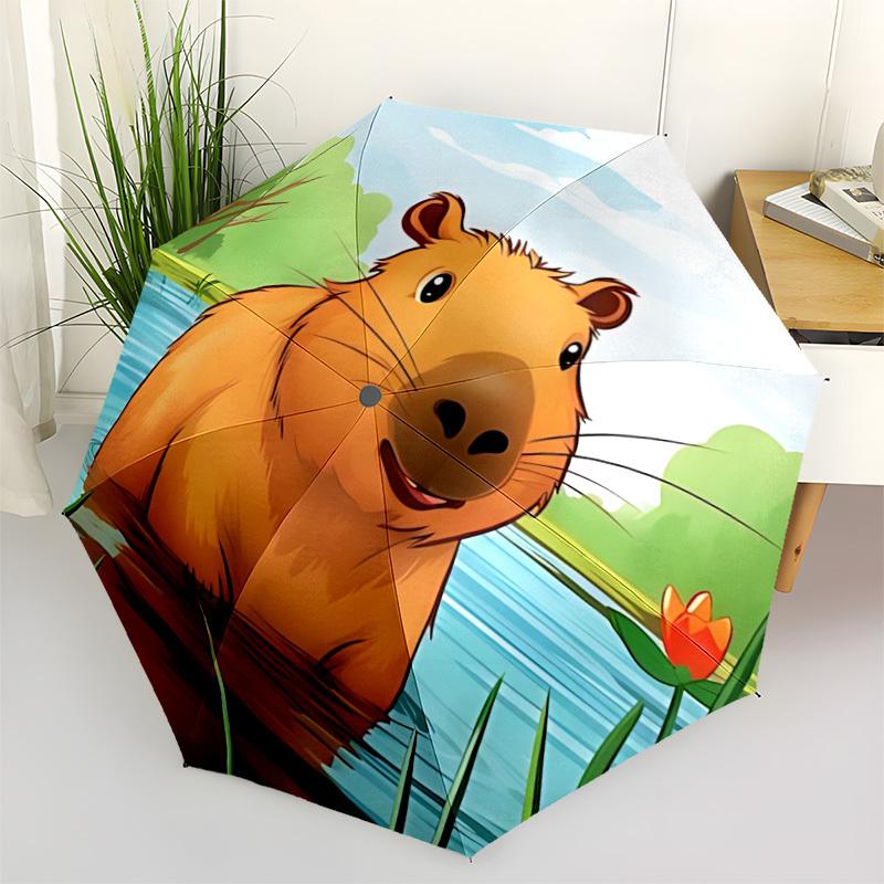 1pc Capybara, Nature Automatic Umbrella - Stylish, Durable, with 8-Rib Manual Open Design, Elegant Black Handleyy250920208