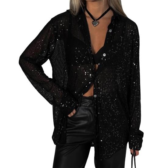 Женские летние топы блестящие пайетки декор рубашка пальто однотонный свободный крой