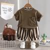 Детская одежда, летний повседневный костюм с короткими рукавами для мальчиков с круглым вырезом, детский спортивный костюм из двух частей с короткими рукавами для детей от 0 до 4 лет