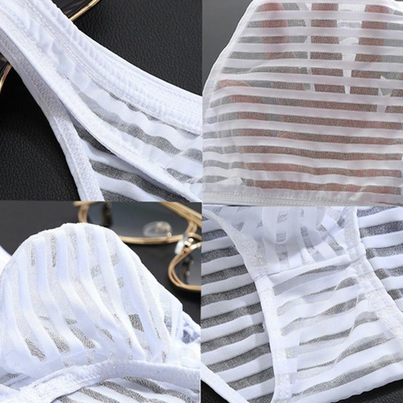 Men Mesh Striped Transparent Briefs Low Waist Ultra-thin Ice Silk Sexy Breathable Underwear Underpant Men Gays Sissy Panties