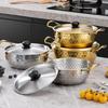 Golden Korean Hammer-Pattern Stainless Steel Ramen Pot - Multi-Purpose Instant Noodle and Soup Pot with Lid