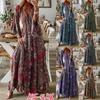 New Bohemian Flare Sleeves Printed V-Neck High Waist Holiday Dress Fragmented Flower Women's Maxi Dress
