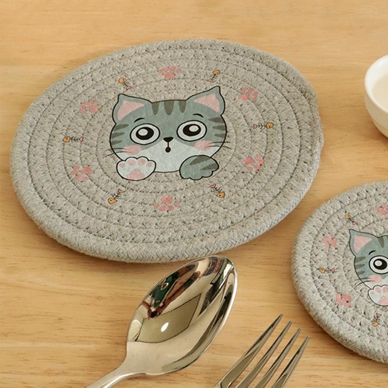 Круглая плетеная подставка для подставок ручной работы с мультяшными животными для подставки под чашку обеденного стола