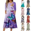 3/4 Sleeve Women's Dress Casual Flowy A-Line Midi Tshirt Dresses With Pockets Crewneck Vocation Boho Beach Sundress
