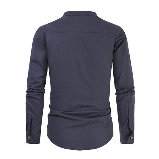 Мужская льняная рубашка, повседневная, с длинным рукавом, на пуговицах, однотонная, мужская, пляжная, с воротником-стойкой, летняя рубашка