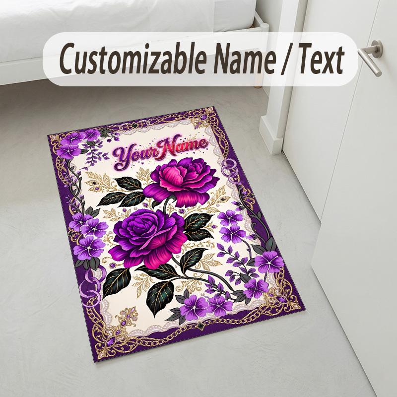 Floral Garden Theme Crystal Velvet Rug Personalized Custom Name Text Soft Floor Mat Home Decor