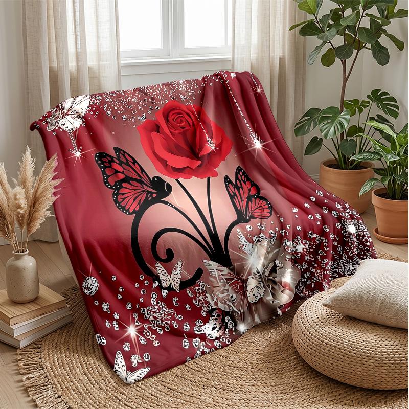 Red Butterfly and Rose Theme blanket Lightweight Warm Flannel Blanket Decorative Throw Blanket for Home Decoration