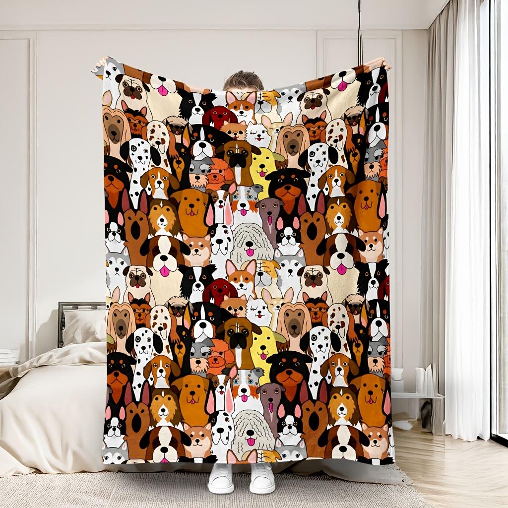 1pc Single/Double Person Blanket with Cartoon Colorful Patch Pattern for Various Dog Breeds Soft Cover Blanket Fleece Sofa Blank