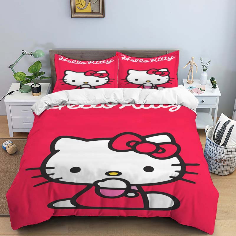 This adorable Hello Kitty printed cartoon duvet cover bedding set is a cute anime-themed home decor item suitable for both child