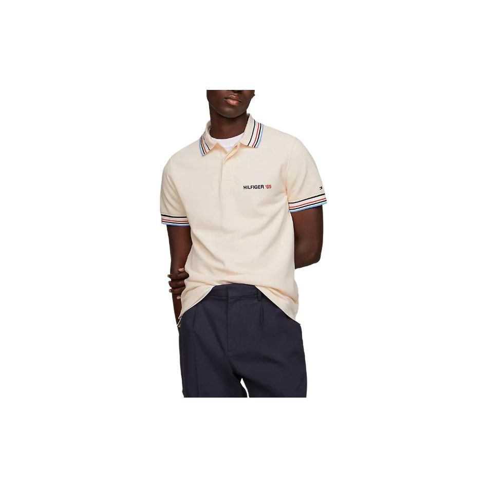 Tommy Hilfiger Мужская поло с коротким рукавом в полоску на пуговицах Бежевая MW34768-AEF