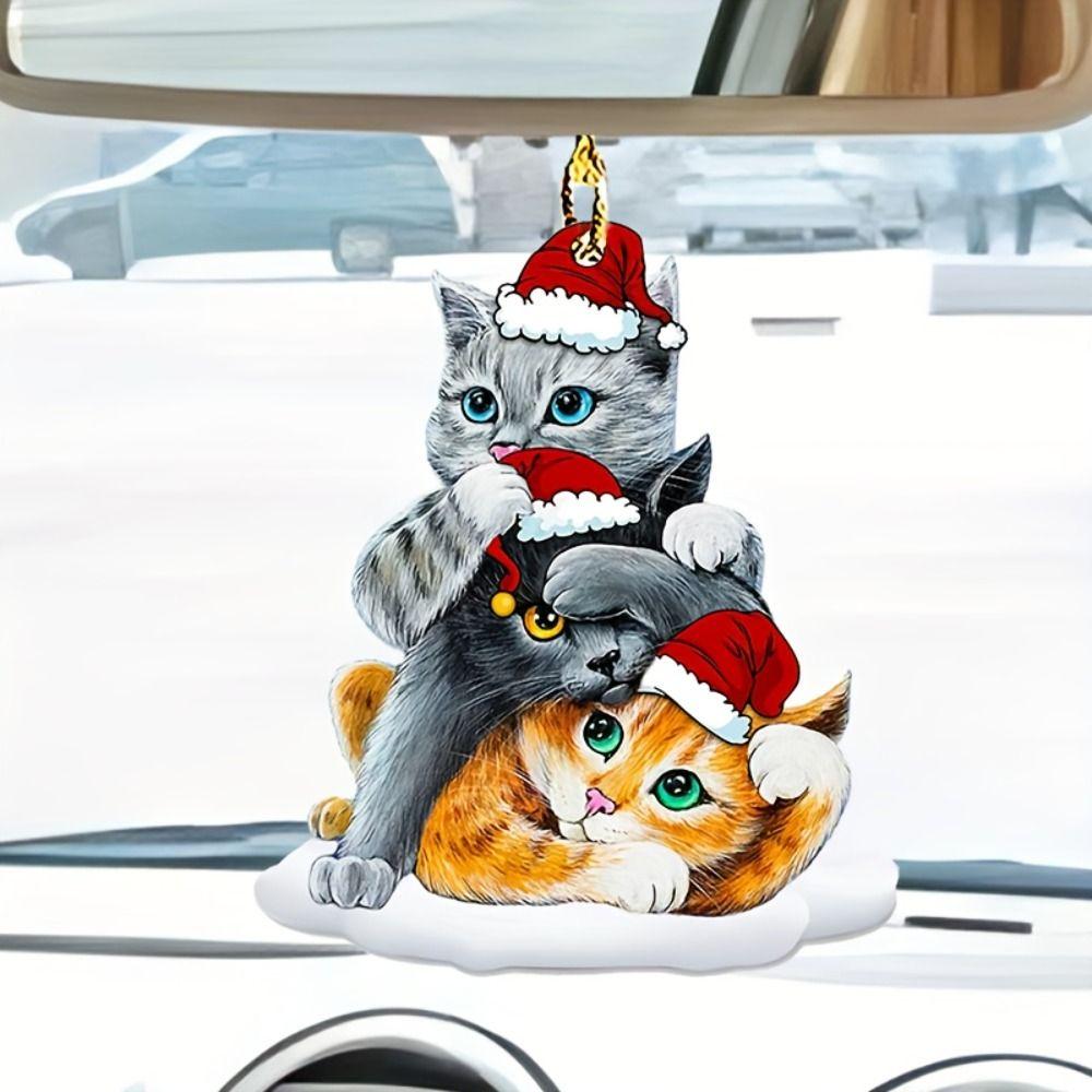 Плоская шляпа Санта-Клауса Подвеска для кошек 2D Рождественские украшения Акриловая подвеска для украшения кошки Автомобиль заднего вида