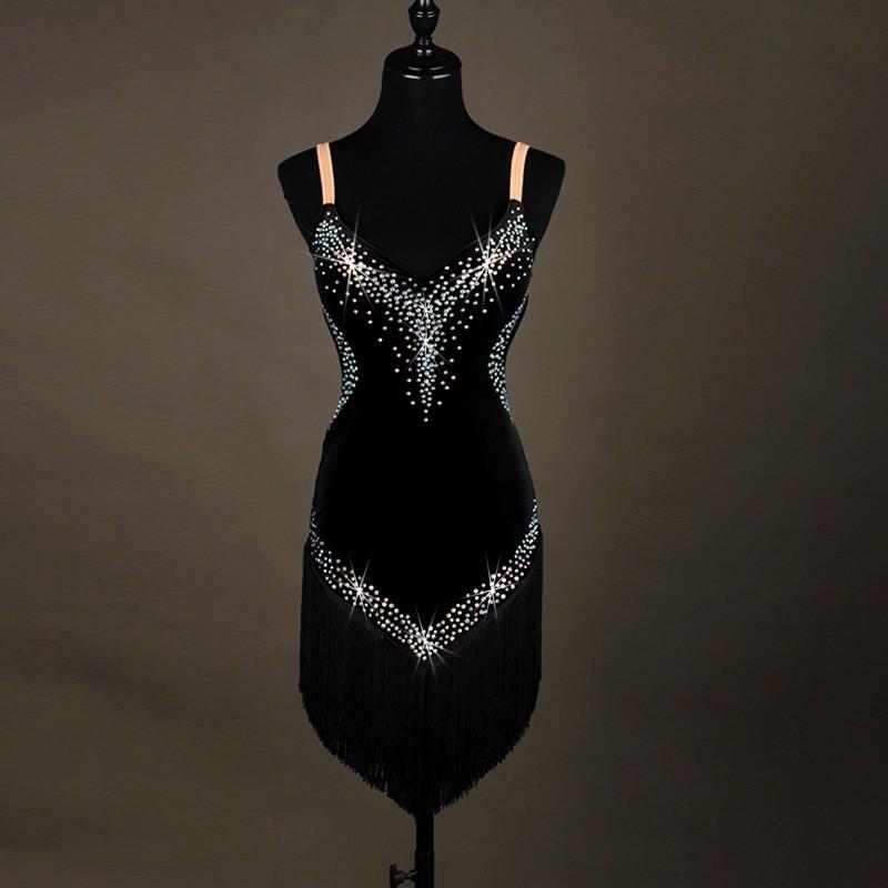Velvet Spaghetti Strap Latin Dance Dress With Fringe Women Stage Performance Competition Costume