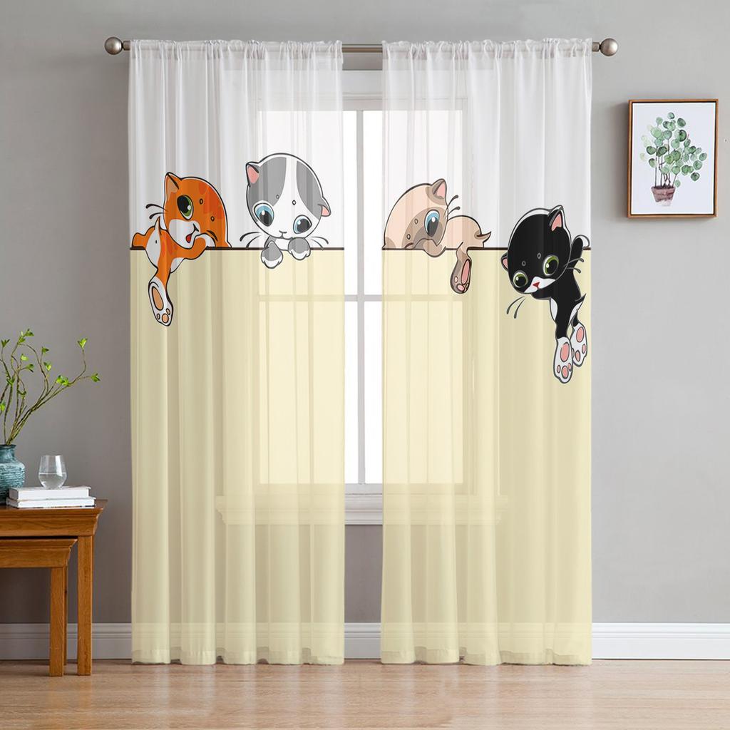 Cartoon Animal Cat Sheer Voile Curtains for Living Room Bedroom Printed Tulle Window Curtain Luxury Home Balcony Decor Drapes
