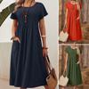 European and American Women's Long Dress New Solid Color Round Neck Pocket Pleated Short Sleeve Cotton and Linen Dress