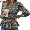 Women's Fashion Casual Spring Fall Flower Pattern Print Long Sleeve O-Neck Blouses & Shirts