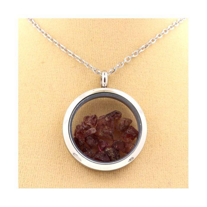 Pierres et Minéraux. Collier Grenat Rhodolite brut. Modèle Médaillon 20 mm. Couleur Argent.