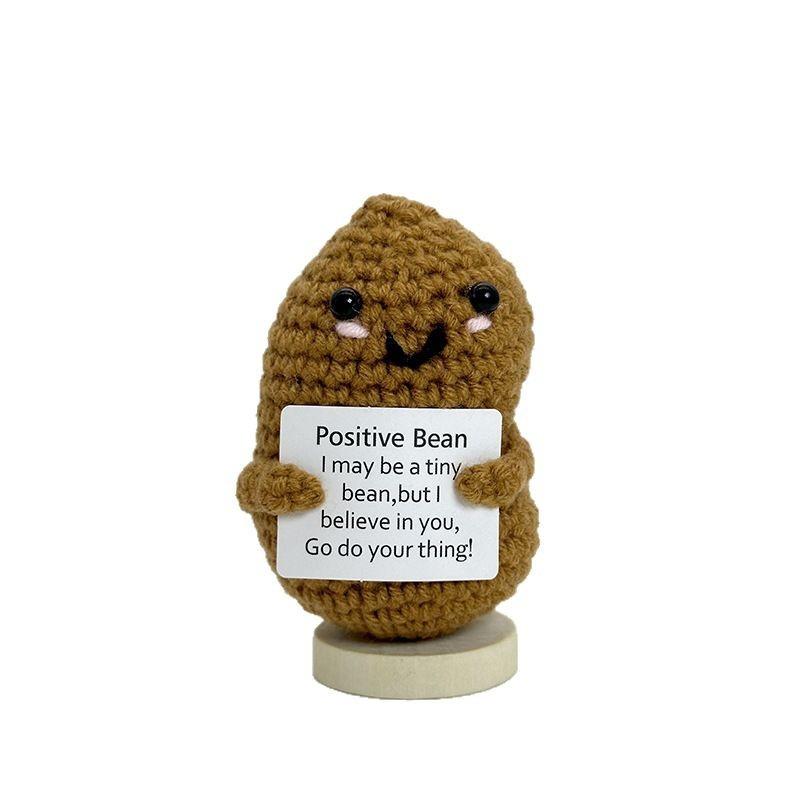 Funny Positive Crochet Coffee Bean Doll with Card for Cheer Up Gifts and Party Decor Handmade Knitted Potato Doll Desk Ornament
