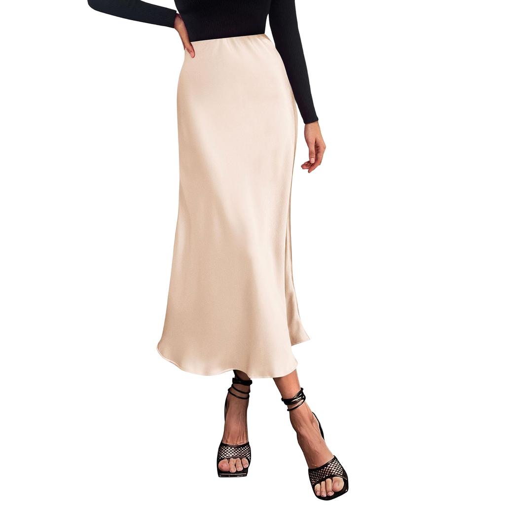 Women's Midi Satin Skirt Dressy Casual High Waisted A Line Flowy Ruffle Elegant Party Skirts