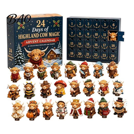 Rustic Christmas Tree Decorations 24 Days of Highland Cow Magic Advent Calendar, Unique Mini Calendar Figures, Farmhouse Holiday Decor, Countdown Gift